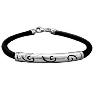 Sterling Silver Rubber Bracelet - Rounded Charm w/ Swirl Motifs