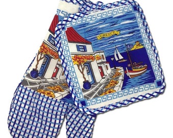 Decorative Greek Island Scene Oven Mitt and Potholder 2 pc. Set