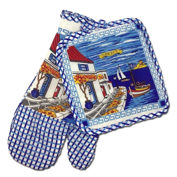 Decorative Greek Island Scene Oven Mitt and Potholder 2 pc. Set