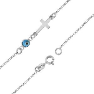 Sterling Silver Evil Eye and Cross Thin (1mm) Bracelet