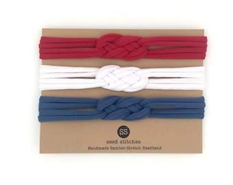 Set of 3 Thin Sailor Knot Headbands in Red, White & Classic Blue for Baby, Toddler, Child or Adult in Bamboo/Organic Cotton/Tencel Fabrics