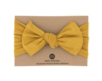 Mustard Gold Bow Headband for Baby, Toddler or Mommy and Me in Stretch Bamboo Knit