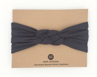 Thick Sailor Knot Headband for Baby, Toddler, Child, Teen or Adult in Dark Shadow Gray Stretch Bamboo/Organic Cotton