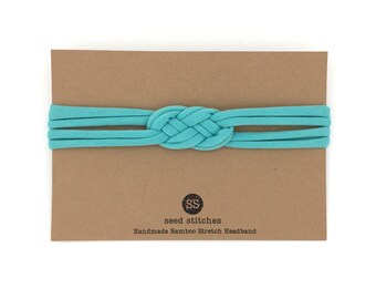 Aqua Braided Thin Sailor Knot Headband for Baby, Toddler, Child, Teen or Adult in Stretch Bamboo/Organic Cotton