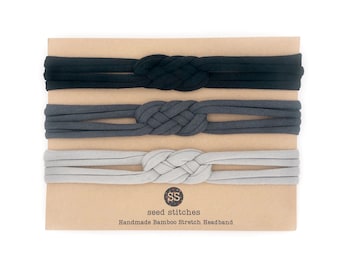 NEW! Set of 3 Thin Sailor Knot Headbands in Black, Dark Shadow & Gray for Baby, Toddler, Child, Adult in Bamboo/Organic Cotton Fabrics