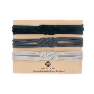 NEW! Set of 3 Thin Sailor Knot Headbands in Black, Dark Shadow & Gray for Baby, Toddler, Child, Adult in Bamboo/Organic Cotton Fabrics