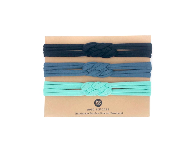 Adult in BambooOrganic Cotton Classic Blue and Aqua for Baby Child Set of Braided Thin Sailor Knot Headbands in Navy Toddler NEW