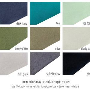 Pu&ograve; includere: Campione di tessuto in nove colori diversi: blu scuro, verde acqua, schiuma di mare, verde militare, oliva, verde cenere, grigio pietra focaia, ombra scura e nero. Altri colori potrebbero essere disponibili su richiesta. Nota: Il colore del tessuto potrebbe variare leggermente rispetto a quello mostrato nell'immagine a causa delle variazioni dello schermo del dispositivo.