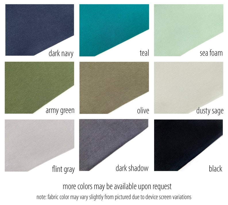 Pu&ograve; includere: Campione di tessuto in nove colori diversi: blu scuro, verde acqua, schiuma di mare, verde militare, oliva, verde cenere, grigio pietra focaia, ombra scura e nero. Altri colori potrebbero essere disponibili su richiesta. Nota: Il colore del tessuto potrebbe variare leggermente rispetto a quello mostrato nell'immagine a causa delle variazioni dello schermo del dispositivo.