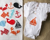 Baby Shower KIT, 12 Nautical Iron On appliqués PLUS pre washed onesies, READY to ship, Ocean & sailing onsies appliques, 25% to Charity