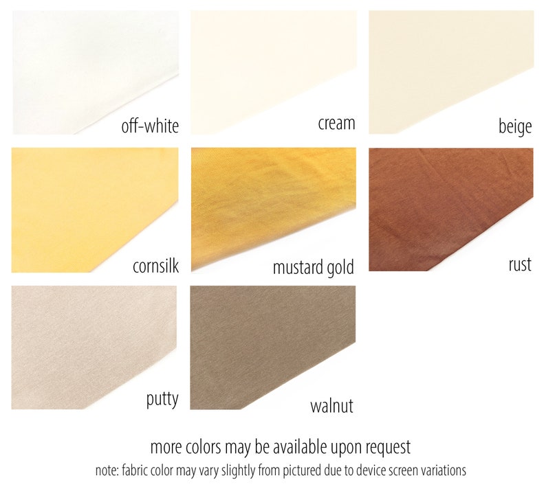 Pu&ograve; includere: Campioni di tessuto in vari colori, tra cui bianco sporco, crema, beige, mais, oro senape, ruggine, stucco e noce.  Altri colori possono essere disponibili su richiesta. Nota: Il colore del tessuto pu&ograve; variare leggermente rispetto all'immagine a causa delle variazioni dello schermo del dispositivo.