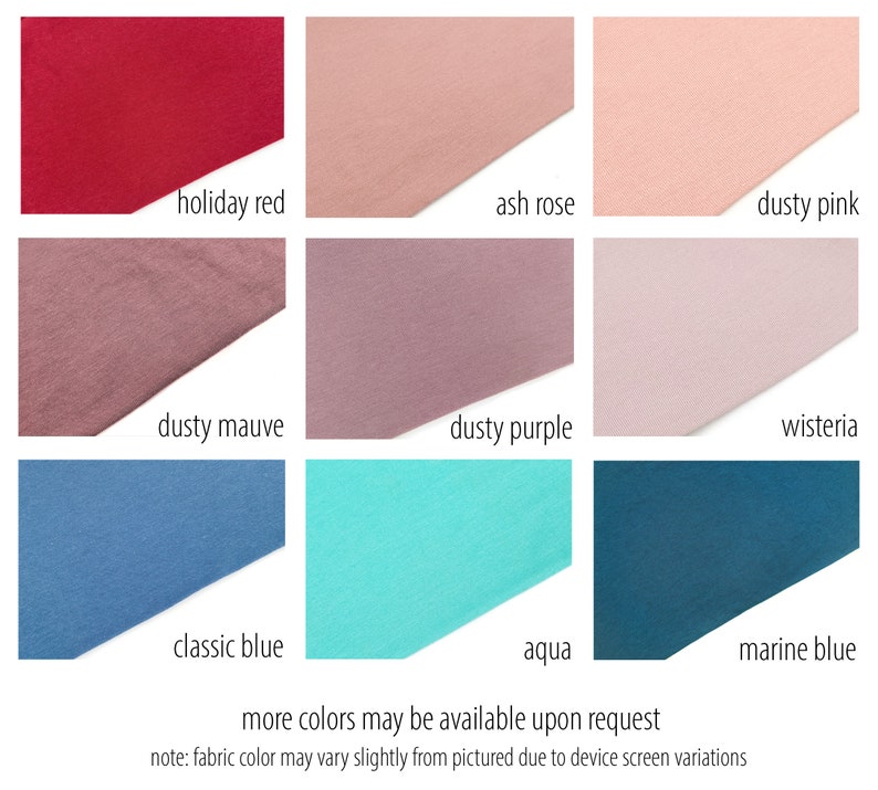 Pu&ograve; includere: Cartella colori che mostra dieci colori di tessuto diversi: rosso festivo, rosa cenere, rosa polveroso, malva polveroso, viola polveroso, glicine, blu classico, acquamarina, blu navy.  Altri colori potrebbero essere disponibili su richiesta. Nota: Il colore del tessuto potrebbe variare leggermente rispetto all'immagine a causa delle variazioni dello schermo del dispositivo.