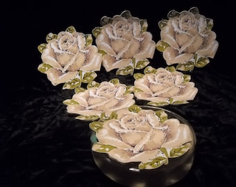 Mid Century 6 pc Vinyl Covered White Rose Pattern Drink Coasters With Plastic Case