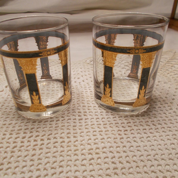 Vintage Pair Of Barware Glasses Clear With Gold Foil And Green Vinyl Grecian Motif 1970s Highball Bar Accessory Man Cave (2)