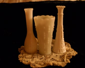 Vintage Milk Glass Vases (3) Assorted Sizes And Styles