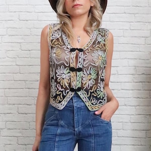Vintage Sheer  Boho Vest | Small Size | Magical Black Soutach Ribbon Embroidered Vest | Frog Eye Closures | Boho Hippie Festival Waistcoat