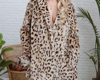 70s Leopard Faux Fur Coat | Medium | Vintage Shawl Collar Glam Outerwear | Made In USA