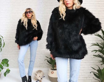 80s Black Faux Fur Pullover Sweater, Shaggy Black Jumper, Goth Glam Minimalist Oversized Formal Posh Punk Fuzzy Large Plush Grunge