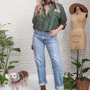Vintage Cropped Military Jacket | Upcycled Reworked Patched Army Green Outdoors Workwear Top | Unisex Fit | Medium Large | Half Zip Style