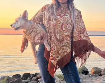 Paisley Fringe Poncho, 1960s 1970s Style Handmade Cape, Psychedelic Bohemian Hippie, Gemstone Collar, Optional Matching Pet Scarf