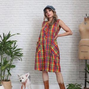 1960s Rainbow Smock Dress | Open Size Fit | Sleeveless Check Plaid Summer Dress | Vintage House Dress With Pockets | Retro Boho Chore Dress