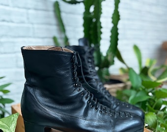 90s MICHEL PERRY Booties | 7.5 US Euro 38 | Black Skate Lace Tie Up Ankle Boots | Square Heel Victorian Black Leather Boots | Made In Italy