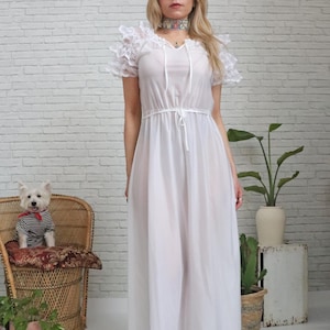1970s Sheer Lace Gown | Small Size | Vintage Long White Nightgown | Ruffled Puff Lace Sleeves | Bloomies | Nylon Polyester Maxi Slip Dress