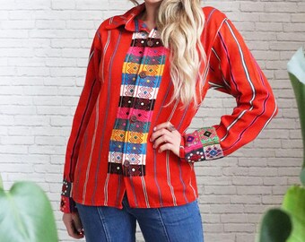 60s Guatemalan Blouse  | Small To Medium | Vintage Woodstock Era Button Down Shirt