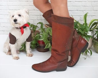 1980s Leather Riding Boots | Size 8.5 To 9 | Brown Genuine Leather Pull On Santana Knee High Boots | Ladies Womens Insulated Boho Boots