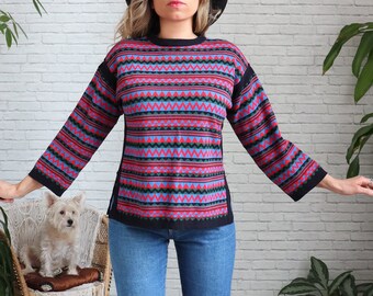 1970&#39;s Zig Zag Sweater, Small Medium Size, Geometric Print, Flared Sleeves,  Hippie Knit Jumper Pullover Top
