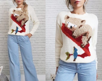 1970's KOALA & Bird Sweater | Size Medium Ladies | Cream Wool And Acrylic Knit Bouclè Australian Pullover | Animal Nature Koala Bear Lover