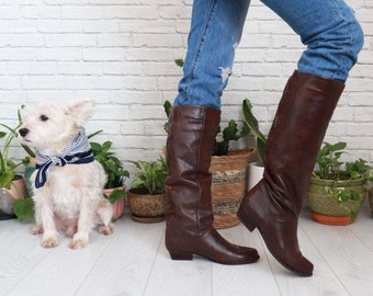 80s Italian Riding Boots || Size 8 Or 7.5 || Lined Insulated Warm Winter Boots Western Heel Tall Knee High Slouch Cocoa Brown Made In Italy