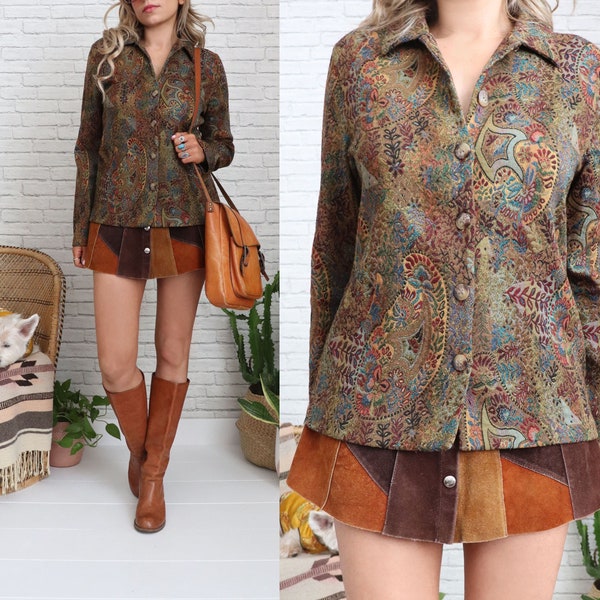 Vintage Rainbow Paisley Tapestry Jacket | Small Medium Size | Viscose Polyester Button Down Bohemian Boho Carpet Blazer | Lightweight Coat