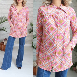 1960s Check Tartan Shirt | Small Size | Button Down Long Sleeve Blouse |  Plaid Smocked Blouse | Vintage Smock With Pockets
