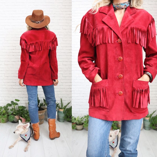 Vintage Red Fringe Jacket | Size Small Boho Hippe Soft Suede Leather Western Cowboy 1980's Festival Coat Danier Made In Canada