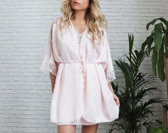 70's Blush Pink Loungewear Set, 3 Piece Lingerie, Vintage Robe Slip French Knickers Pastel Pink Lace Trim 70s Sleepwear Peignoir Negligee