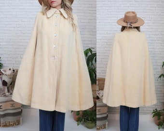 1960s Cream Wool Cape | Stevens Forstmann | Vintage Cloak | Winter Wool Poncho |