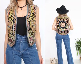 Vintage 1960's HENDRIX Vest || Embroidered Indian Elephant Gypsy Vest || Woodstock Era || Ladies Medium Size Mens XS S || Bohemian Waistcoat