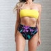 1970's High Cut Bikini || Size Medium || Graphic Funky Two Piece Swimsuit || Vintage Bandeau High Waist Briefs || Yellow Purple Black