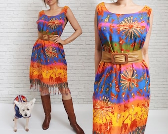 1980s Bohemian Summer Dress | Small Medium | Colourful Tie-Dye Fringe Sun Dress | Rayon Fringe Trim Beach Vacation Comfy Casual Day Dress