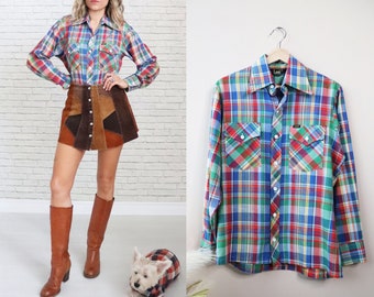 1970s LEE Rainbow Plaid Shirt || Size Medium Ladies || Checkered Western Shirt || Button Down Shirt || Long Sleeve Blouse