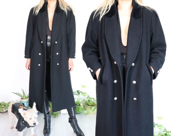 Vintage 1980's Wool Coat || Ladies Size Medium || Black Minimalist Velvet And Wool Oversized Long Warm Winter Coat