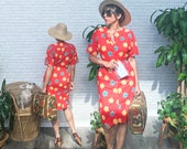 Vintage 1970s TROPICAL Hawaiian Wiggle Pencil Dress Red Floral Cotton Summer Vacation Dress 1950s Pin Up Style Size XS