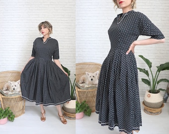 1950s Lanz  Cotton Dress || Fit And Flare Black  White Floral Print Summer Day Rockabilly Pin Up Full Skirt Lanz Originals Midi Cottagecore