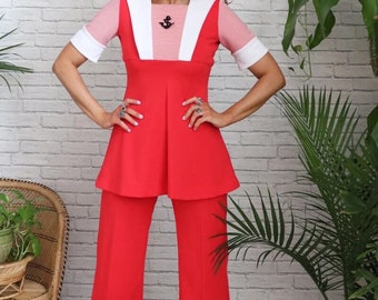 1960s 2 Piece Sailor Set // XS Size // Red White Two Piece Outfit // Bell Bottoms Peplum Waist // 70s 2 piece Set XS // Matching Polysester