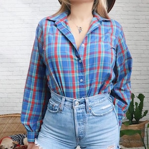 1980s Rainbow Plaid Shirt | Medium Size | Blue Red Green Yellow | Vintage Check Cotton Button Down Top | 80s Hathaway Cotton Long Sleeve Top