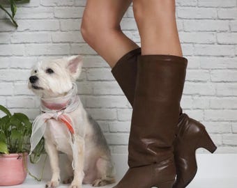 70s Brown Slouch Boots | Size 7 | Vintage Leather Insulated Knee-High Boots