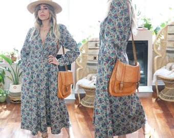 1980's Country Shirt Dress || Medium Ladies US 12 Lands' End Floral Beige Denim Midi Length Casual Day Boho Shirtdress Button Down Closure