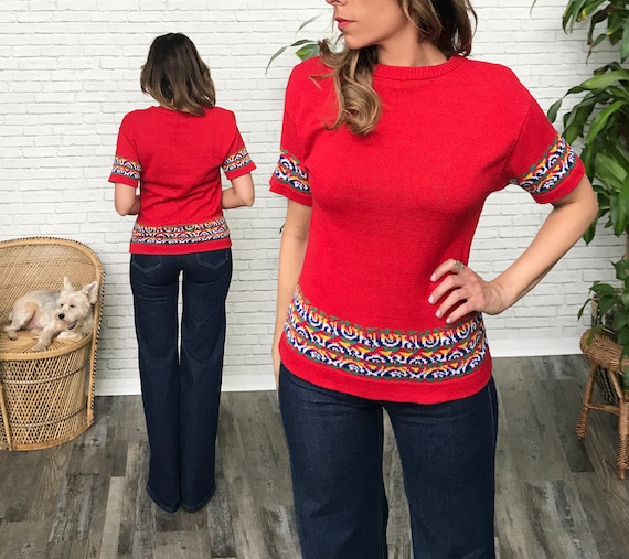 70's Red Knit Short Sleeve Sweater -  Canada