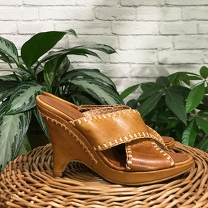 Italian Brown Leather Wedge Sandals | Size 7 | Open Toe Slip On Boho Sandal